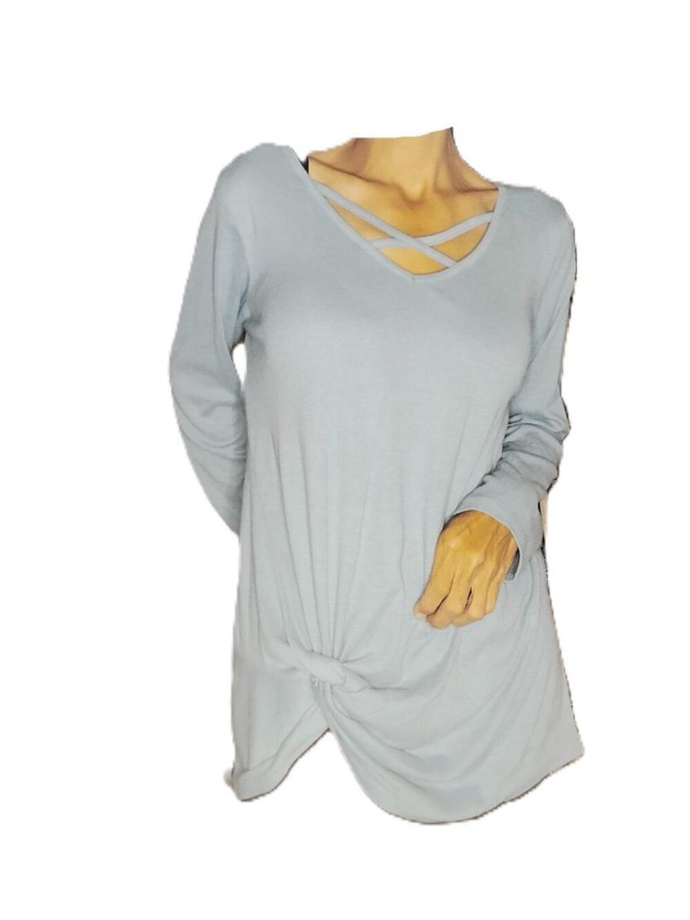 Light Blue Seafoam Criss Cross Knot Long Sleeve Top Size M | Stretchy & Cute